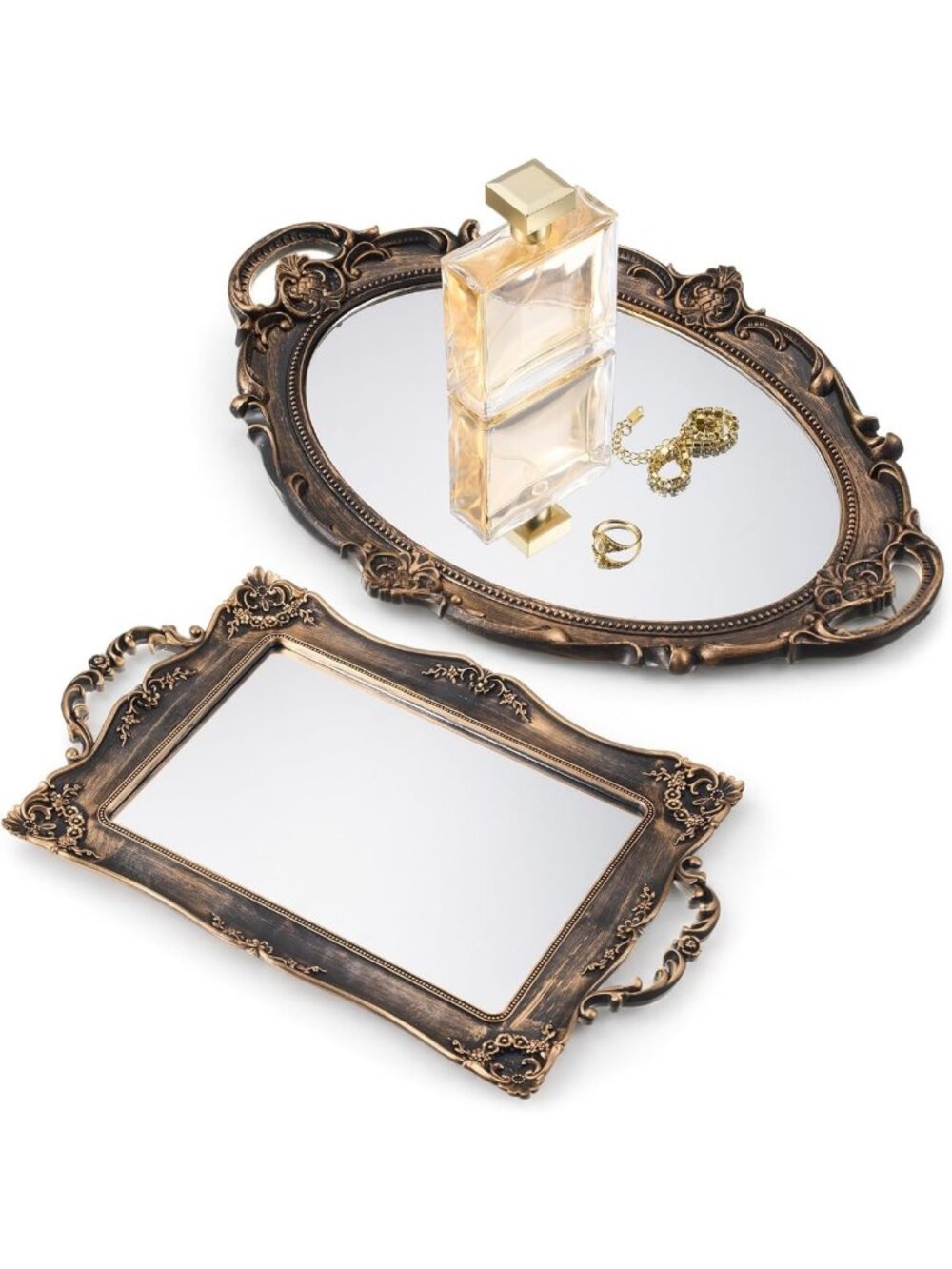 Vintage Gold Mirror Tray Set - 2 Pcs Antique Decorative Trays, Gothic Home Decor